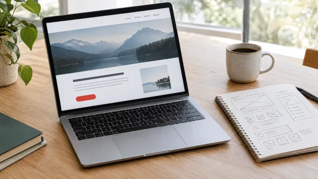 Laptop mit einem Website-Entwurf auf einem Holztisch, daneben ein Notizbuch mit Skizzen und eine Tasse Kaffee