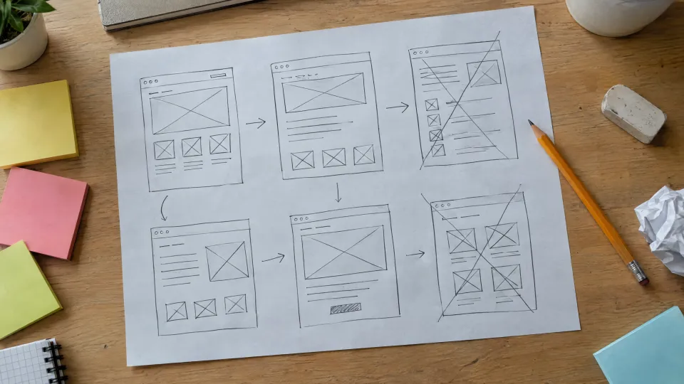 Handgezeichnete Website-Skizzen mit Pfeilen und Kästen auf einem Schreibtisch, einige durchgestrichen