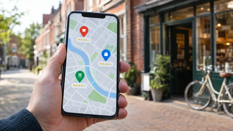 Hand mit Smartphone in einer Altstadtstraße, auf dem Bildschirm eine Karte mit drei markierten Betrieben und Sternebewertungen
