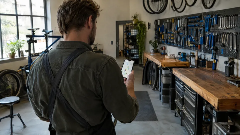 Inhaber einer Fahrradwerkstatt von hinten in der leeren Werkstatt, auf dem Handy eine Karte mit anderen Betrieben
