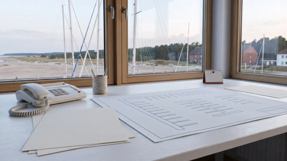 Schreibtisch im Hafenbüro mit Telefon, Liegeplatzplan und Notizzetteln, draußen Segelboote im Abendlicht