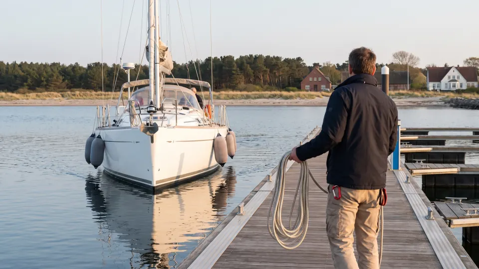 Segelboot steuert einen freien Gastliegeplatz an, auf dem Steg wartet ein Mann mit Festmacherleine