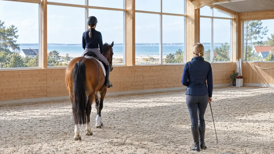 Reithalle mit großen Fenstern, eine Reiterin und eine Reitlehrerin von hinten während einer Reitstunde