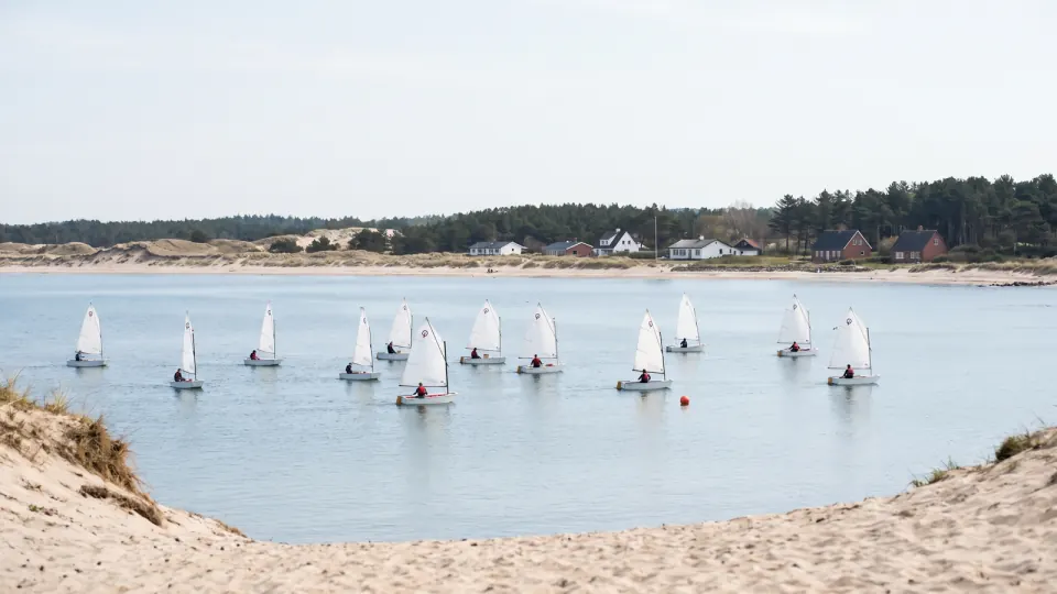 Kleine Segeljollen mit weißen Segeln in einer ruhigen Bucht, vorn eine Sanddüne