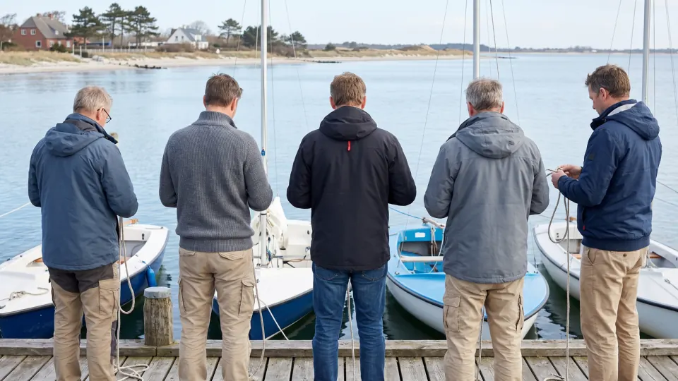 Kursgruppe von hinten auf einem Steg übt Knoten, davor Jollen im Wasser