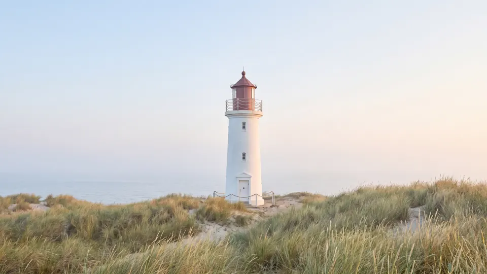 Leuchtturm hinter Dünengras im Morgenlicht