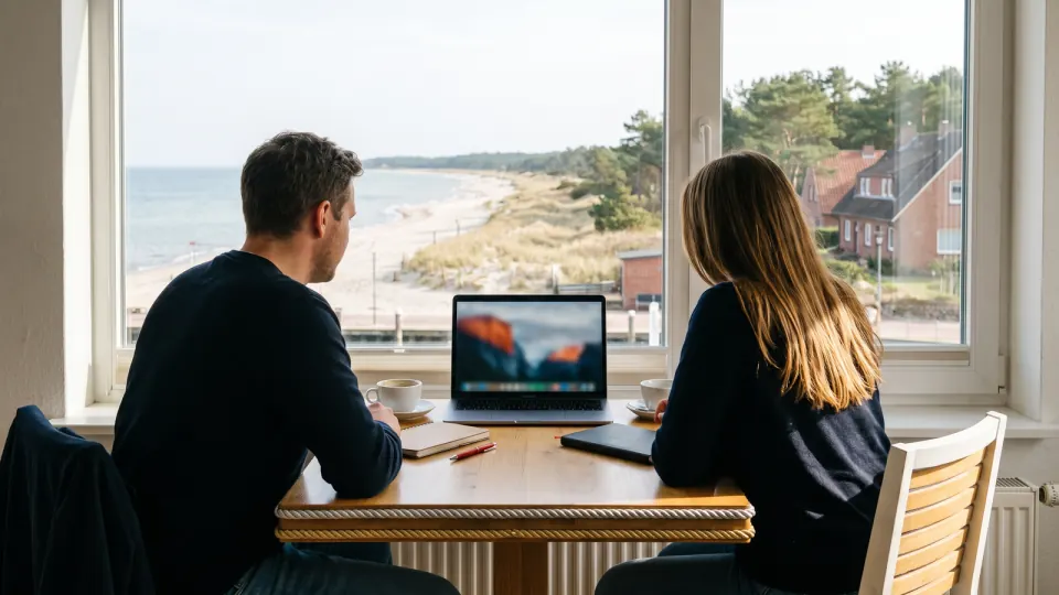 Zwei Personen am Fenster mit Strandblick arbeiten an einem Laptop, von hinten gesehen