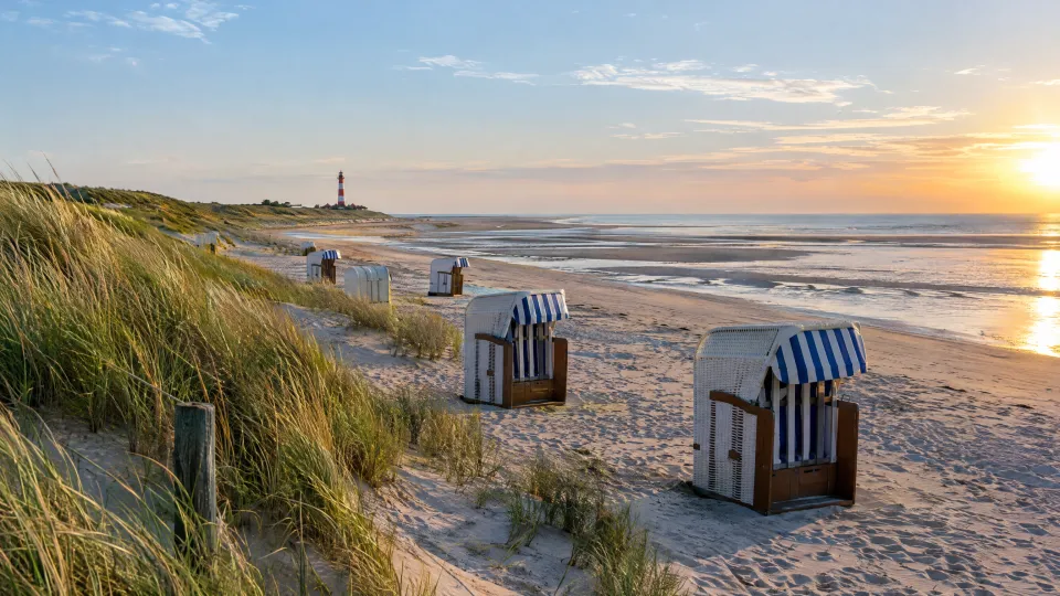 Breiter Nordseestrand mit Strandkörben, Dünen mit Strandhafer und einem rot-weißen Leuchtturm in der Ferne im Morgenlicht