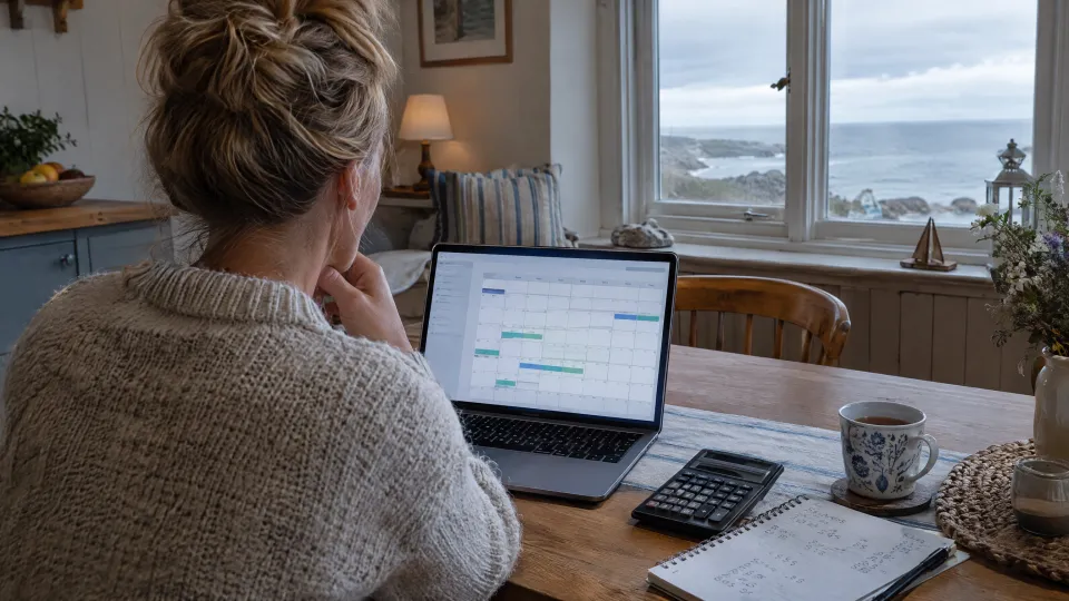Vermieterin von hinten am Küchentisch eines Ferienhauses, auf dem Laptop ein Belegungskalender mit vielen freien Wochen, daneben Taschenrechner und Notizen