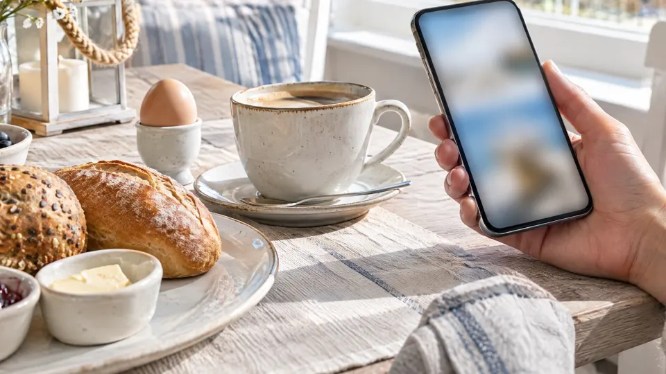 Gast hält am Frühstückstisch einer Pension ein Smartphone mit unscharfem Bildschirm, daneben Kaffee, Frühstücksei und Brötchen