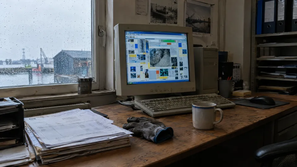 Büroecke eines Handwerksbetriebs mit altem Röhrenmonitor, Rechnungsstapel, Arbeitshandschuh und Kaffeebecher, Regen am Fenster