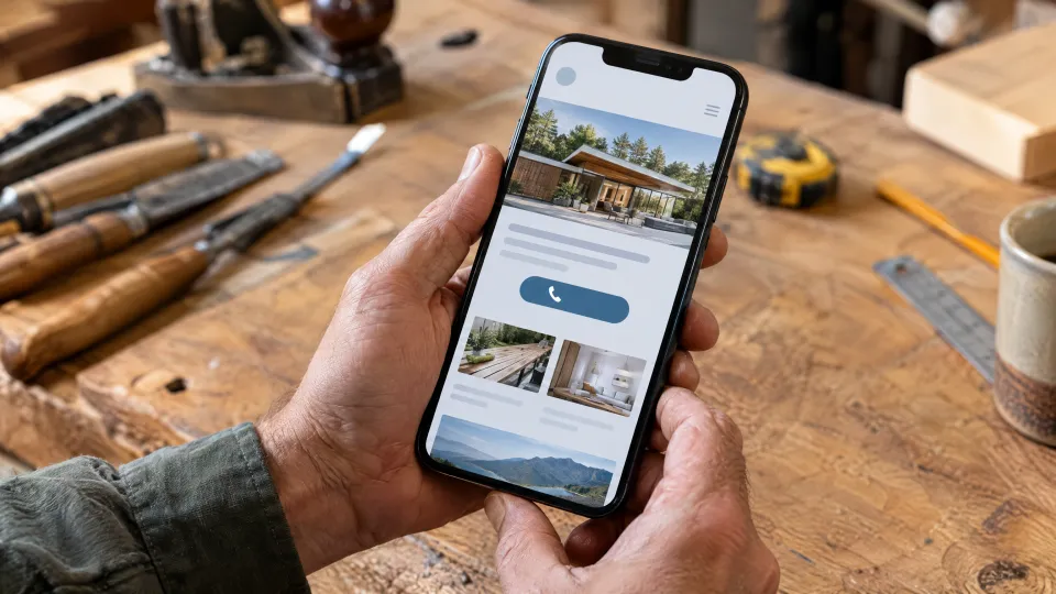 Hände eines Handwerkers halten über der Werkbank ein Smartphone mit einer klaren Website und großem Anruf-Knopf