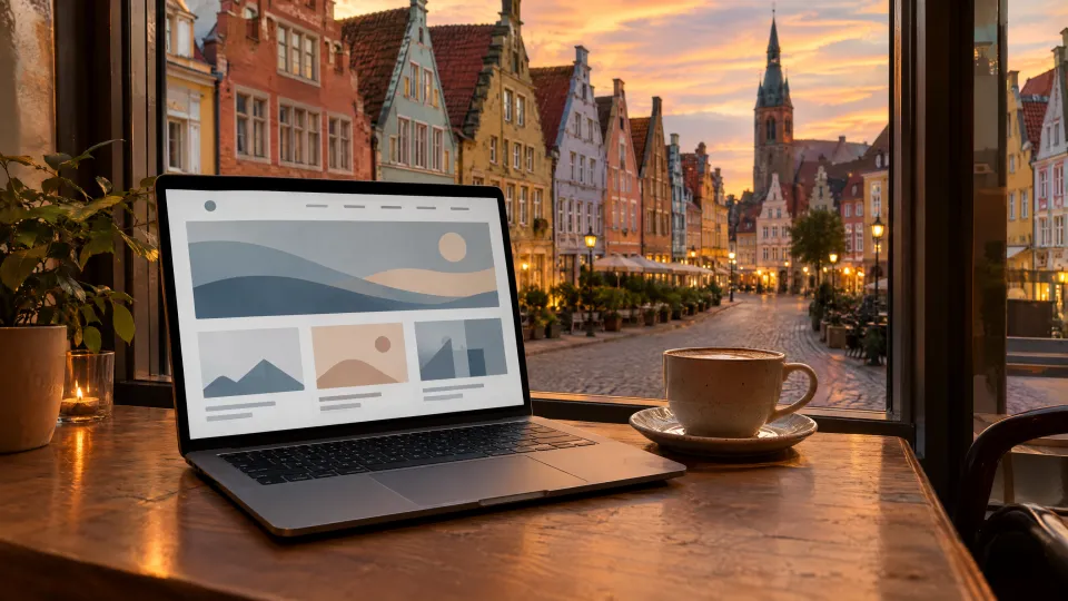 Laptop und Kaffee an einem Cafétisch am Fenster, draußen eine Altstadtstraße mit Giebelhäusern in der Dämmerung
