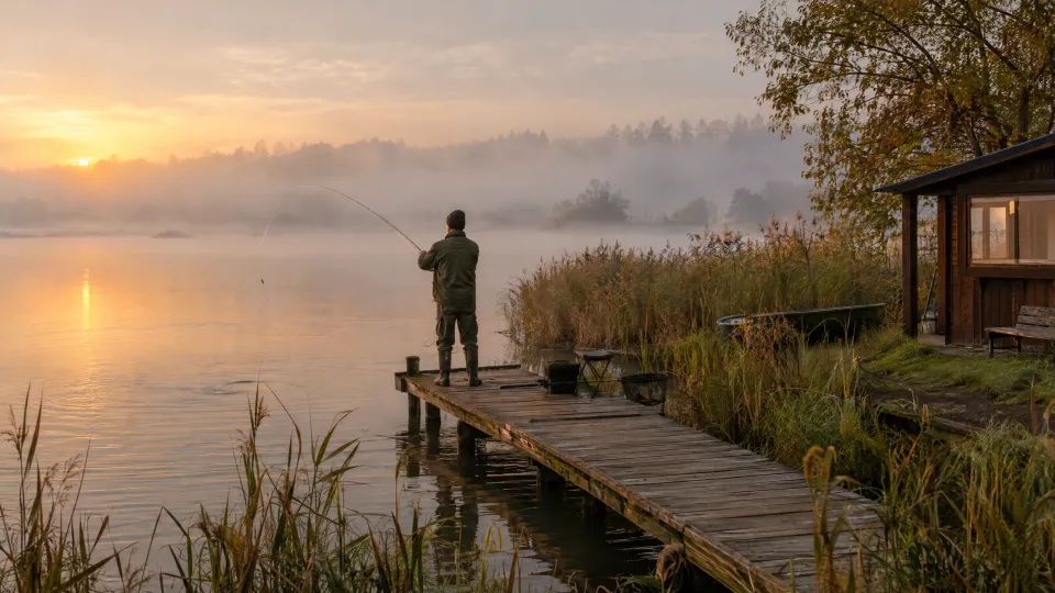 Ruhiger See im Morgennebel mit Schilf und Holzsteg, ein Angler von hinten beim Auswerfen, am Ufer eine kleine Vereinshütte