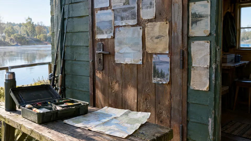 Holztür einer Anglerhütte mit vielen verblassten Aushängen, davor eine offene Angelbox und eine gefaltete Karte