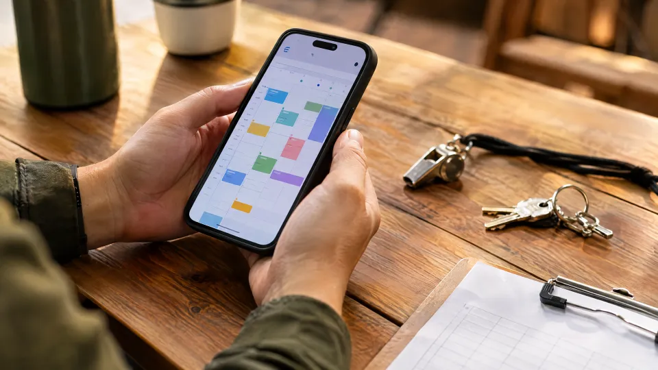 Hände mit einem Smartphone und abstraktem Veranstaltungskalender auf einem Tisch mit Trillerpfeife und Schlüsselbund