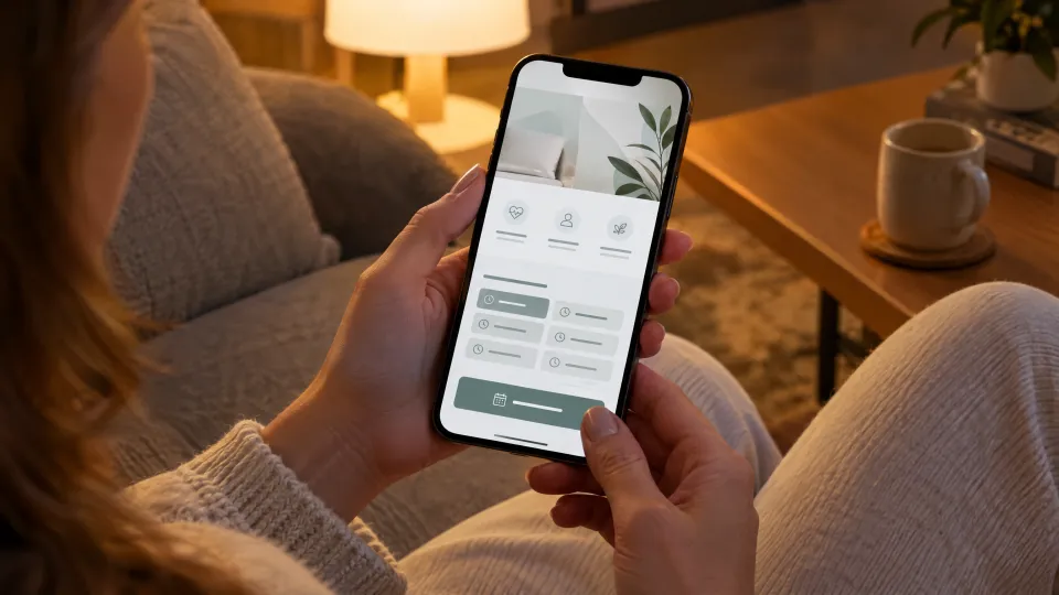 Hände halten abends auf dem Sofa ein Smartphone mit einer ruhigen Praxis-Website mit Sprechzeiten und Anfrage-Knopf