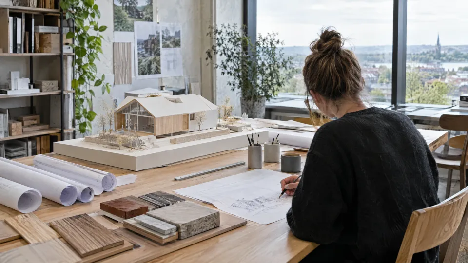 Helles Architekturbüro mit weißem Modell eines Holzhauses, Plänen und Materialmustern, eine Architektin skizziert am großen Fenster
