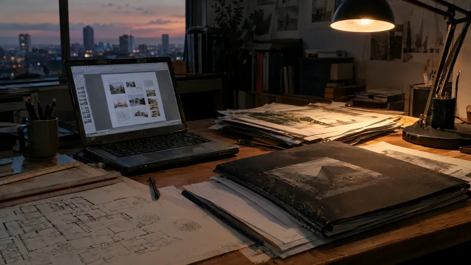 Schreibtisch in der Dämmerung mit altem Laptop und einem veralteten PDF-Portfolio, daneben Planstapel und eine verstaubte Mappe