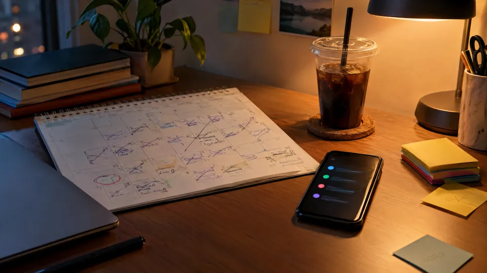 Schreibtisch am Abend mit einem Papierkalender voller durchgestrichener Termine, daneben ein Handy und Haftnotizen