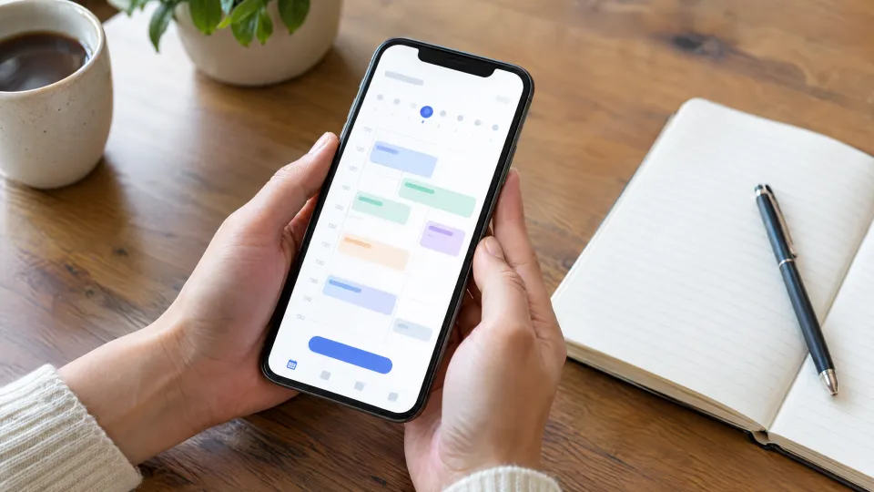 Hände halten ein Smartphone mit einem abstrakten Terminkalender über einem Holztisch mit Notizbuch