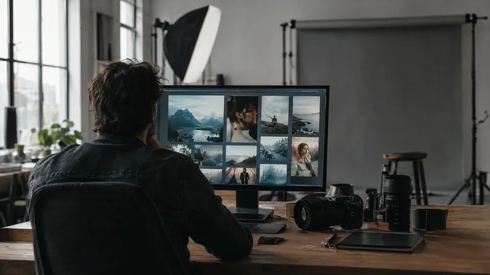 Fotograf von hinten am großen Monitor mit einer Bildergalerie, daneben Kamera und Objektiv, im Hintergrund eine Softbox