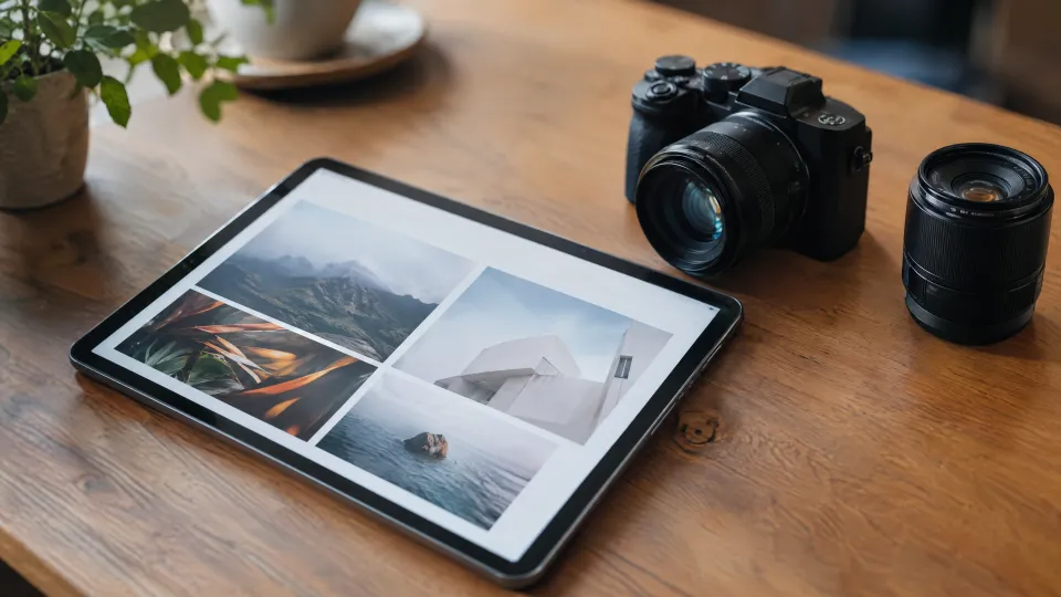 Tablet mit einer abstrakten Portfolio-Seite auf einem Holztisch, daneben eine Kamera und ein Objektiv