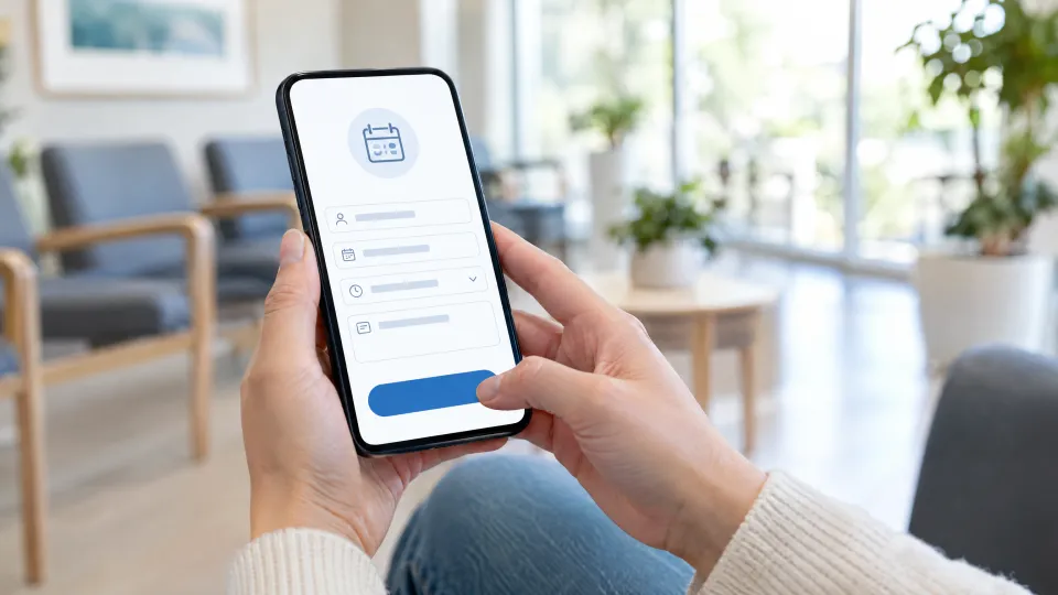 Hände halten im Wartezimmer ein Smartphone mit einem abstrakten Terminanfrage-Formular