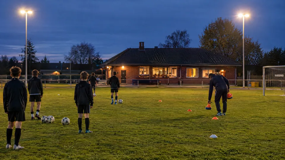 Vereinsplatz zur blauen Stunde mit Flutlicht, eine Jugendmannschaft von hinten beim Training, ein Trainer stellt Hütchen auf