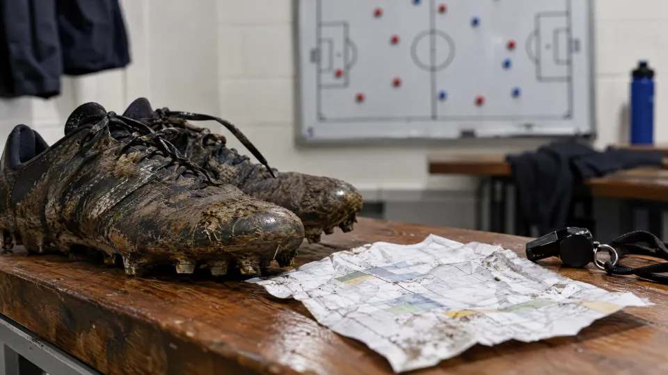 Verschmutzte Fußballschuhe auf einer Holzbank im Vereinsheim neben einem zerknitterten Trainingsplan, dahinter eine Taktiktafel
