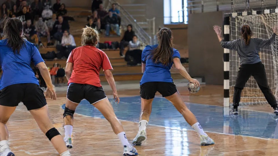Handballspiel in einer kleinen Sporthalle, Spielerinnen am Torkreis, im Hintergrund Zuschauer auf der Tribüne