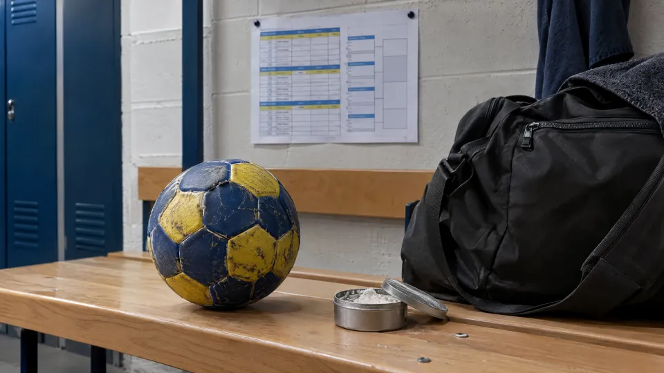 Umkleidebank mit Handball, Harzdose und Sporttasche, an der Wand ein ausgehängter Spielplan