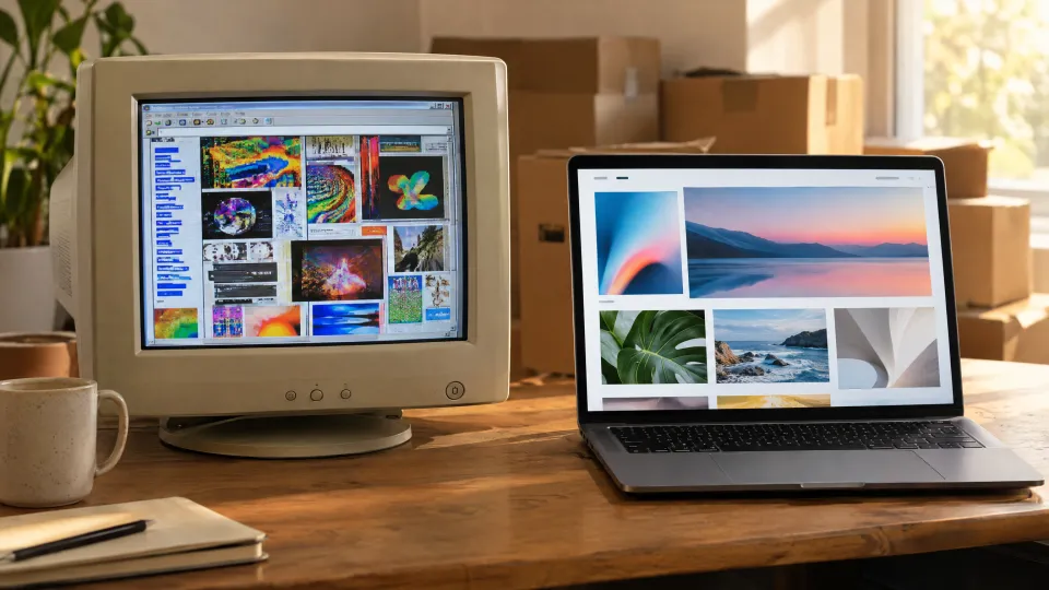 Schreibtisch mit altem Röhrenmonitor und überladener Website neben einem modernen Laptop mit klarer Website, dahinter Umzugskartons