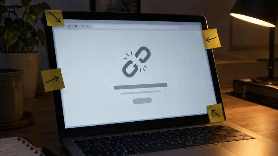 Laptop mit einer Fehlerseite und einem Symbol für einen gebrochenen Link, ringsum Haftnotizen mit Pfeilen