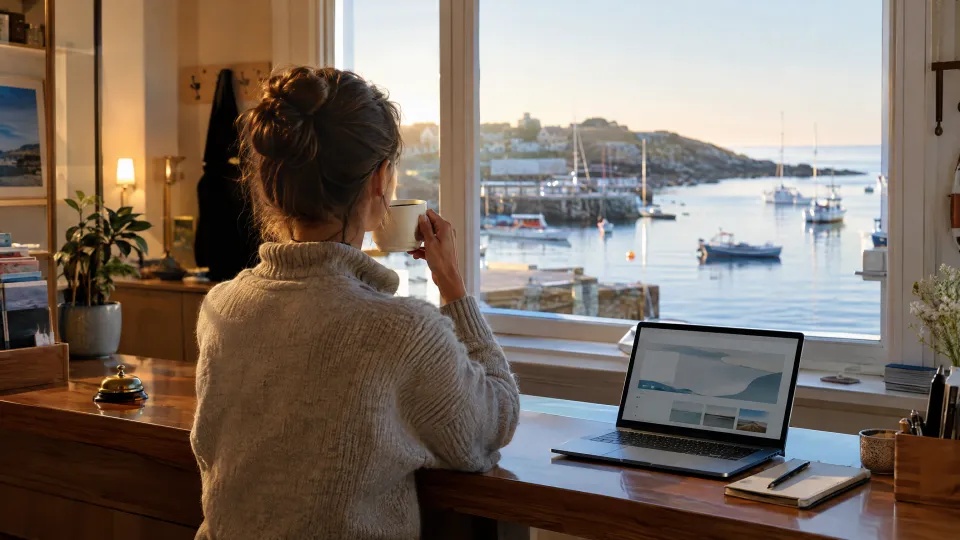 Inhaberin einer Pension von hinten mit Kaffee am Fenster, neben ihr ein Laptop mit einer aufgeräumten Website, draußen ein ruhiger Hafen
