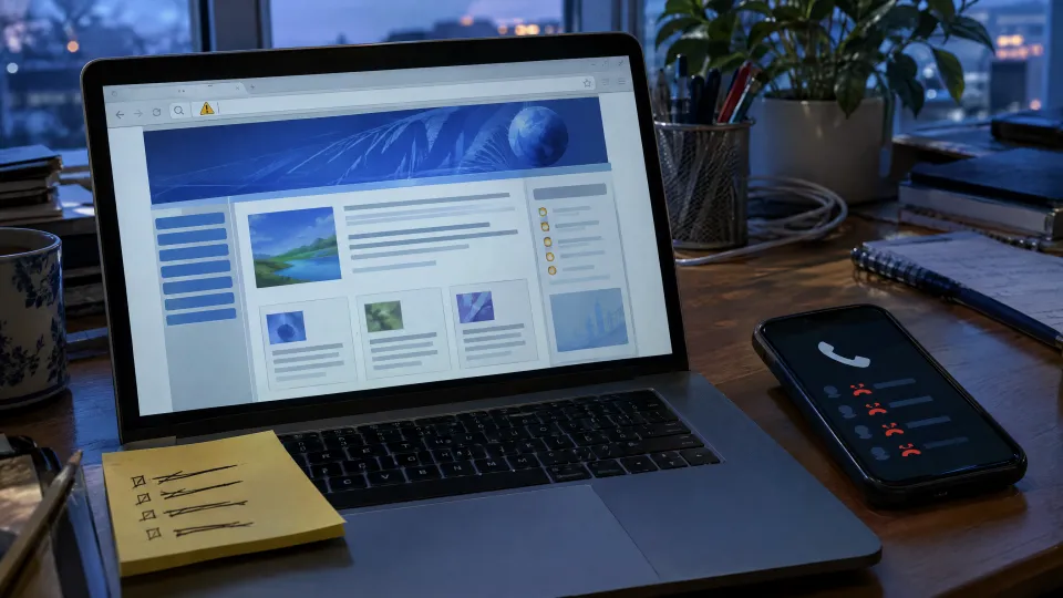 Laptop mit einer veralteten Website und einem Warnsymbol, daneben ein Zettel mit durchgestrichener Liste und ein Telefon mit verpassten Anrufen
