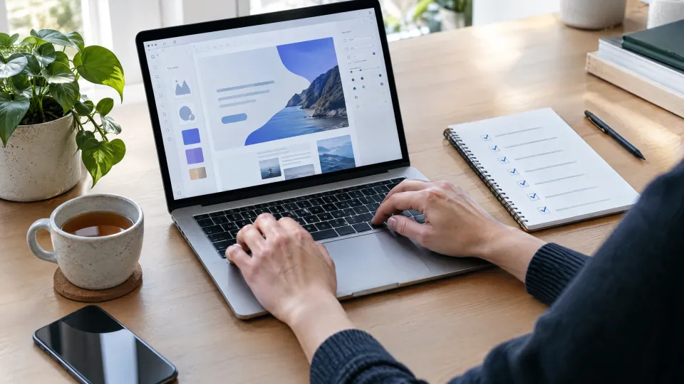 Hände eines Webdesigners am aufgeräumten Schreibtisch mit Website-Editor und abgehakter Checkliste