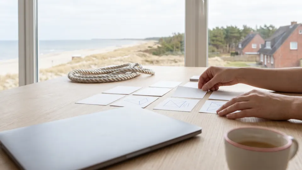 Hände ordnen leere Papierkarten und Skizzen zu einer Seitenstruktur auf einem hellen Tisch am Meer