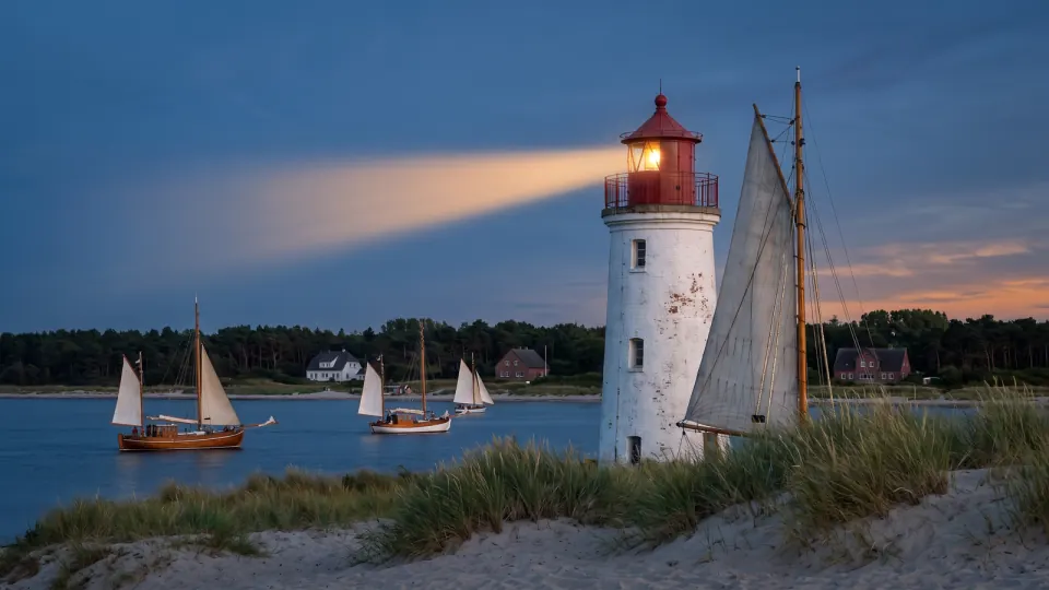 Leuchtturm an der Ostseeküste zur blauen Stunde, sein Lichtstrahl zieht über das ruhige Wasser
