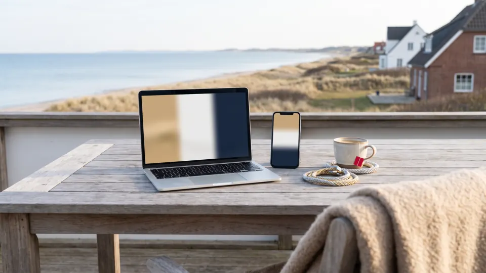 Smartphone und Laptop nebeneinander auf einem Terrassentisch am Meer, Bildschirme mit abstrakten Farbflächen, daneben Kaffee