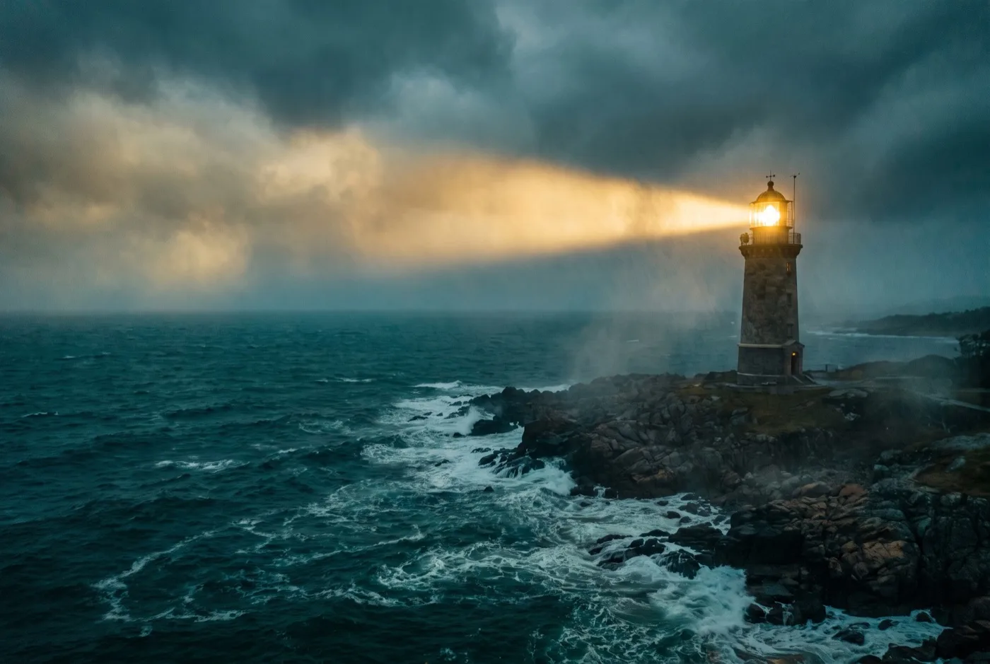 Leuchtturm sendet einen Lichtstrahl durch die Dämmerung, Symbol für Sichtbarkeit bei Google und in KI-Antworten