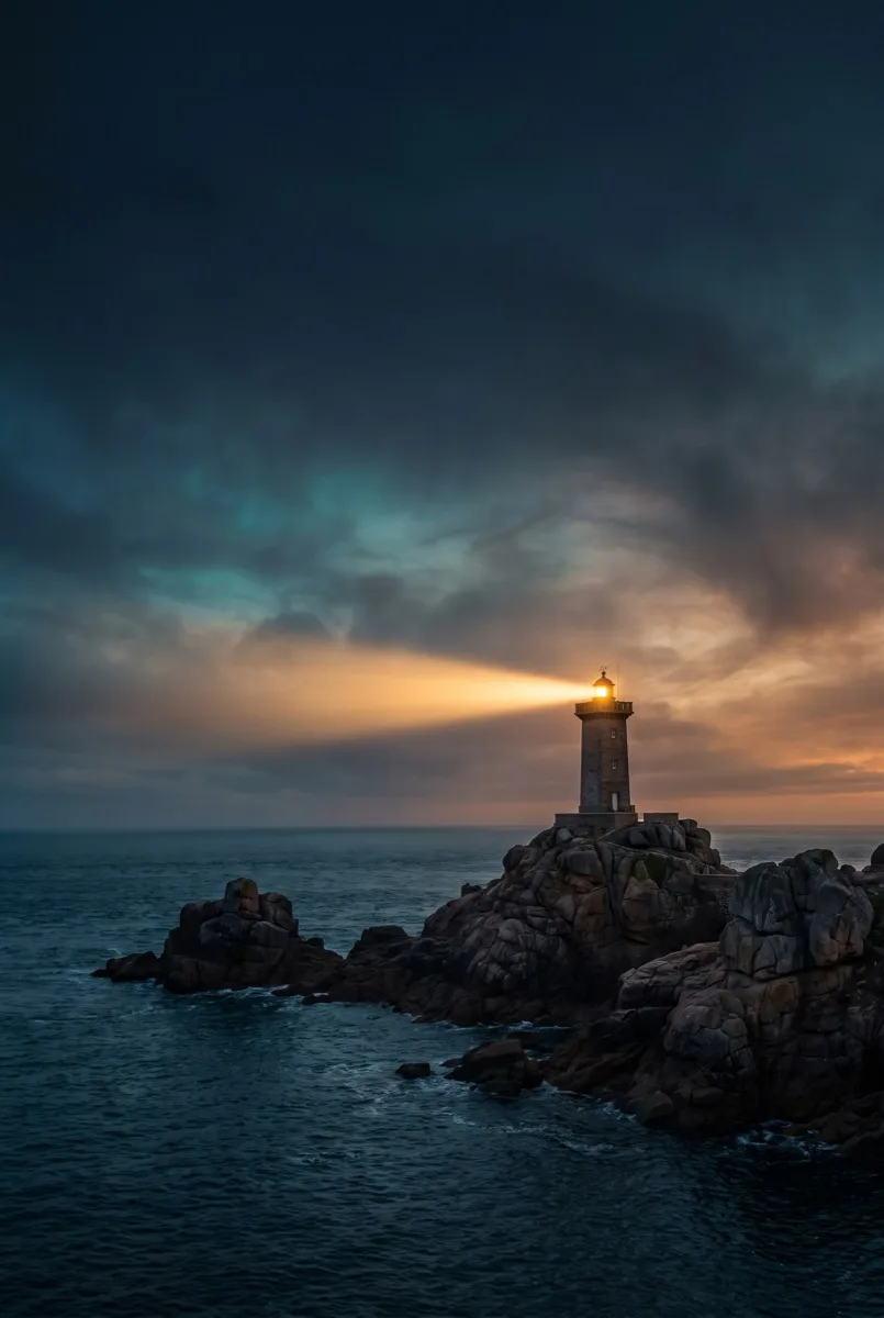 Leuchtturm mit Lichtstrahl an der Ostseeküste bei Dämmerung, Symbol für sichere Orientierung im Marketing