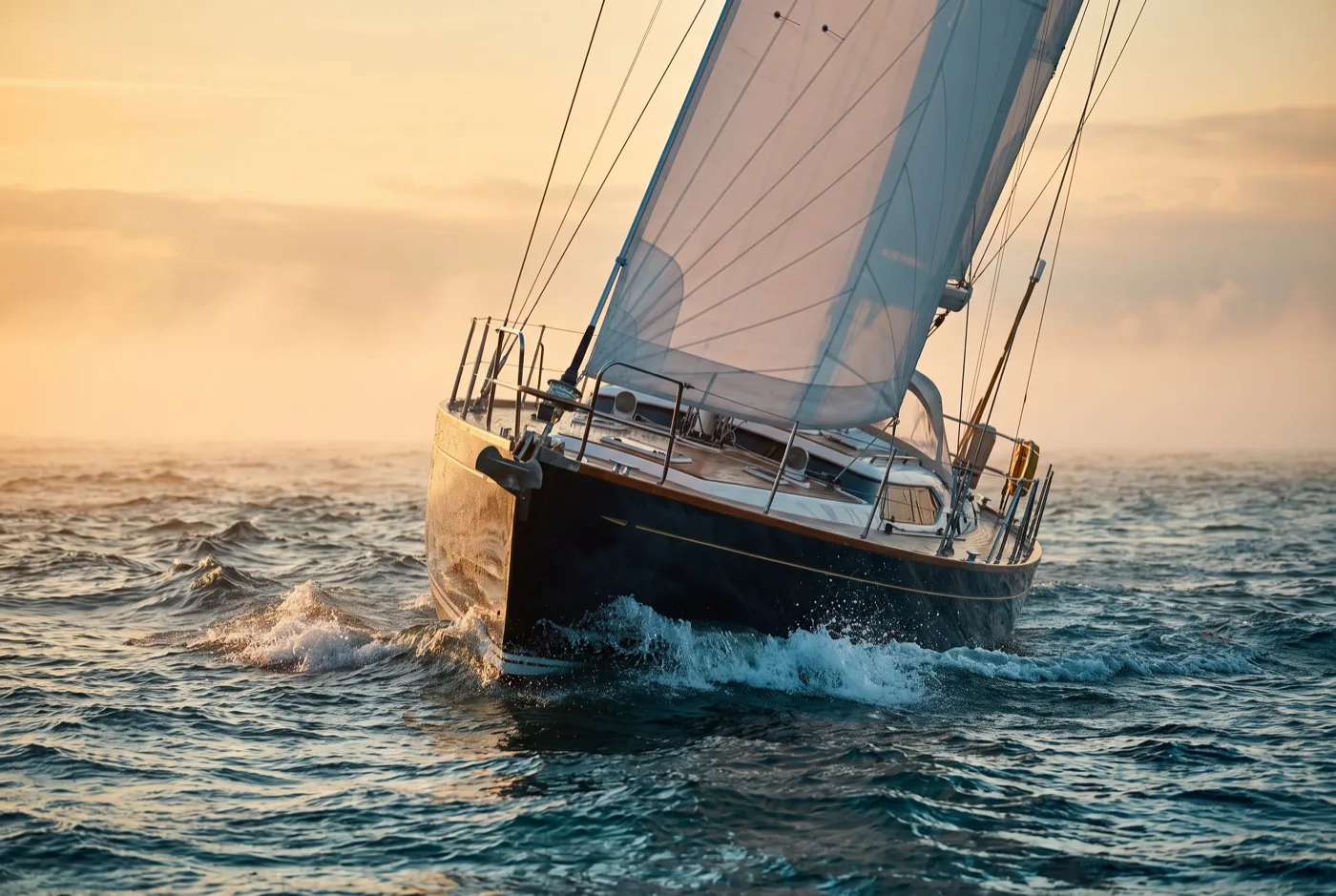 Moderne Segelyacht nimmt bei Sonnenaufgang Fahrt auf, Symbol für Unabhängigkeit