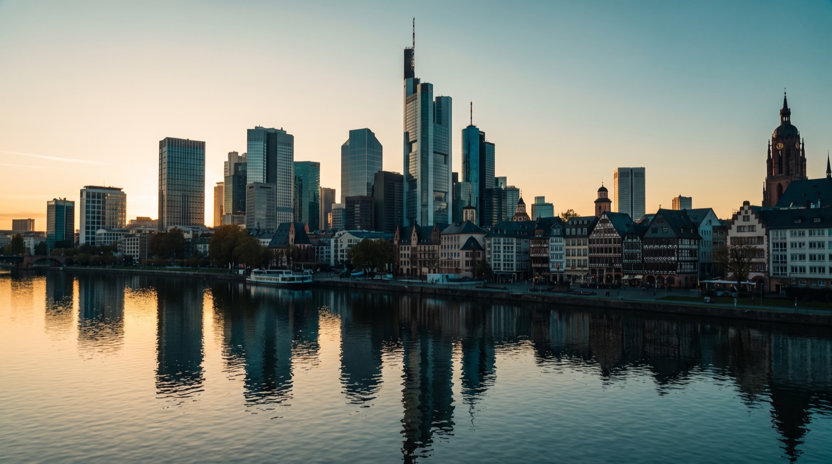 Frankfurt in der Abenddämmerung: die beleuchtete Skyline des Bankenviertels, der Main und der Römer im Herzen der Finanzmetropole