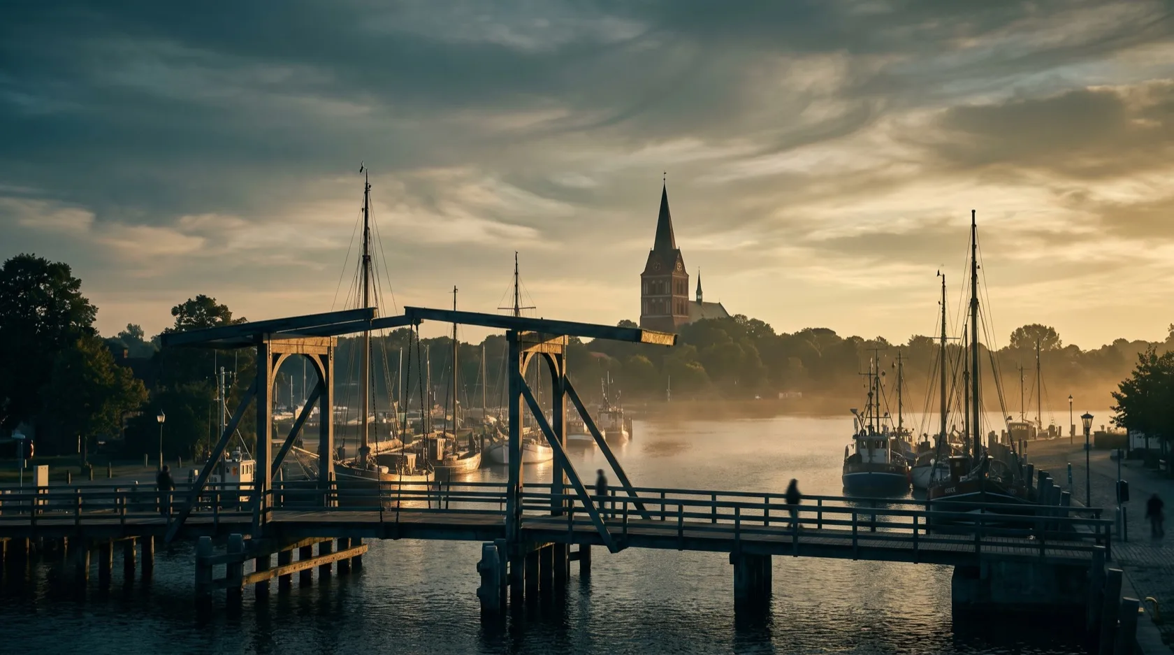 Greifswald am Bodden: der Museumshafen Wieck mit historischer Holzklappbrücke, dahinter die Backsteingotik der Universitäts- und Hansestadt, gemalt schon von Caspar David Friedrich