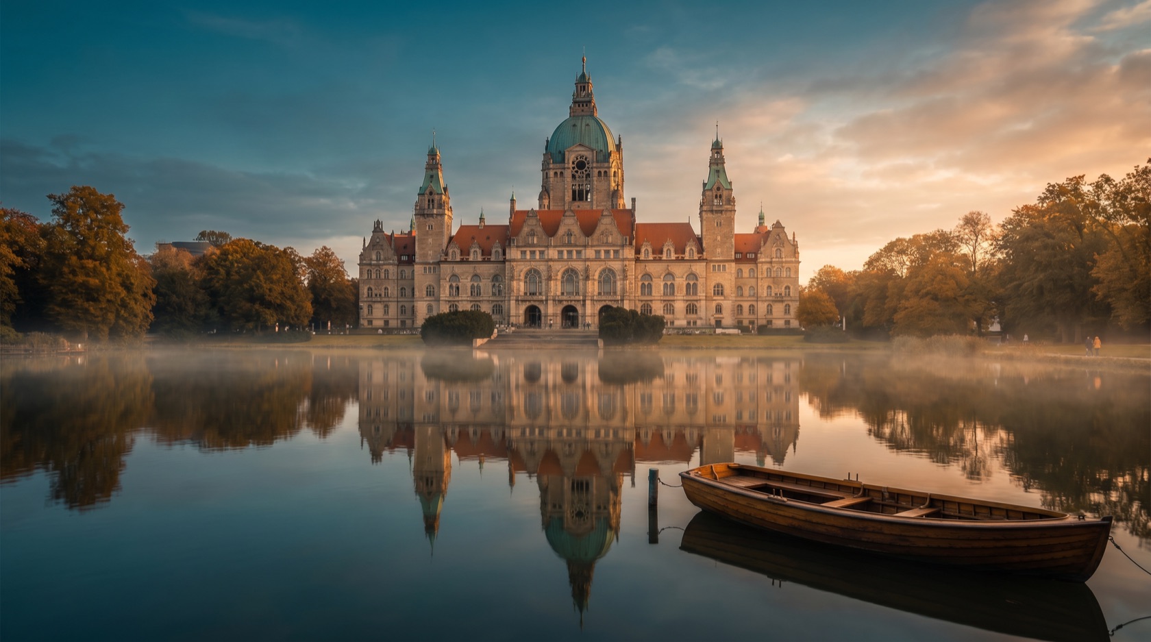Hannover im Abendlicht: das Neue Rathaus mit seiner Kuppel, davor der Maschsee und die weiten Hallen des Messegeländes am Horizont