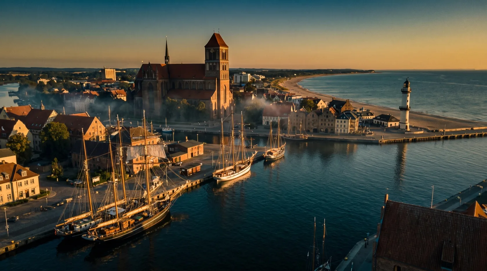 Rostock im Abendlicht: der Warnemünder Leuchtturm an der Ostsee, der Stadthafen an der Warnow und die Backsteintürme der Marienkirche