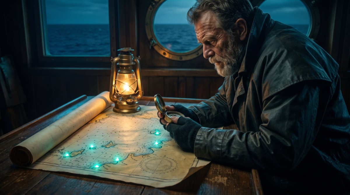 Ein Kapitän studiert bei Laternenlicht eine Seekarte, auf der entlang der Küste vier Punkte in Teal leuchten, sinnbildlich für die vier SEO-Kennzahlen
