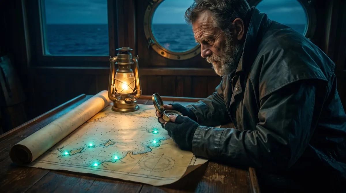 Ein Kapitän studiert bei Laternenlicht eine Seekarte, auf der entlang der Küste vier Punkte in Teal leuchten, sinnbildlich für die vier SEO-Kennzahlen