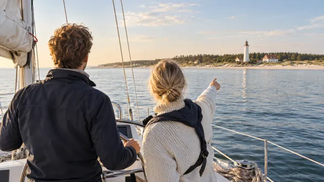 Zwei Personen von hinten am Steuer eines Segelboots, eine zeigt auf einen Leuchtturm an der Küste